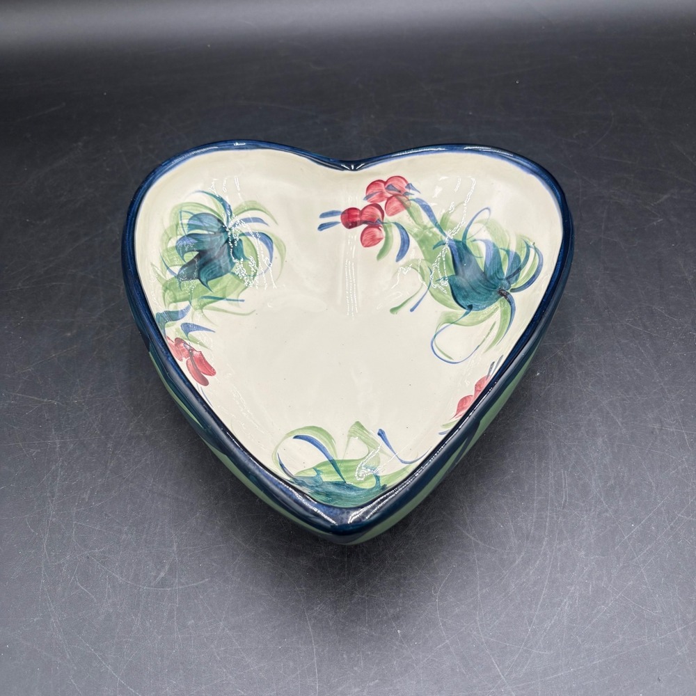 Vtg Gail Pittman Hand Painted Ceramic Heart Bowl Floral Blue Green Red 1997